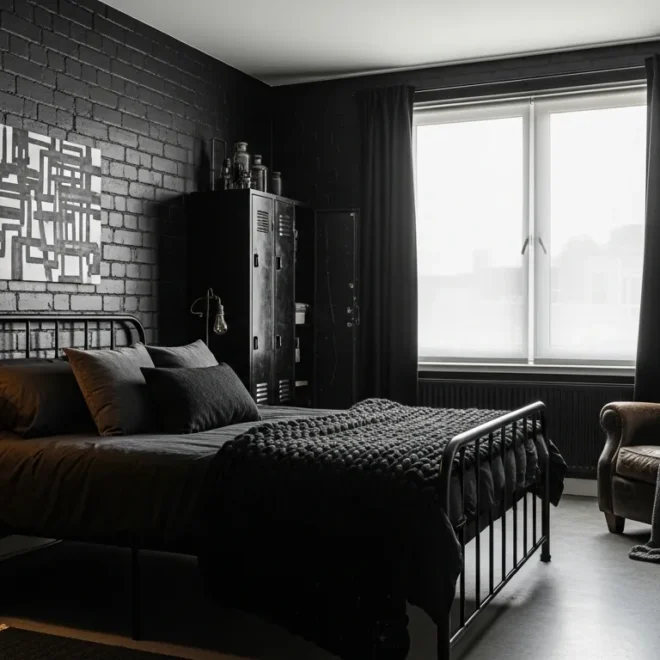 Moody industrial bedroom featuring black walls, exposed metal accents, and cozy modern bedding.