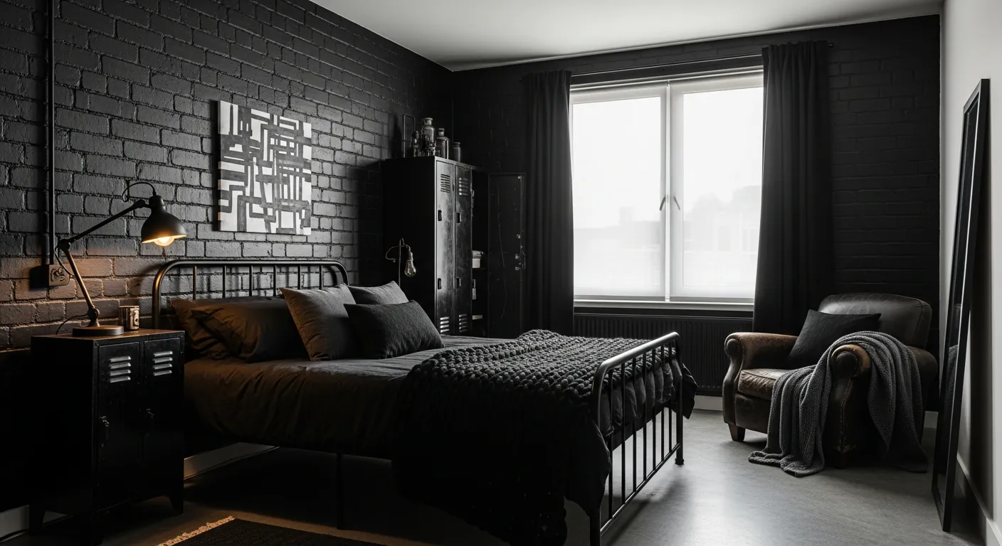 Moody black walls and exposed metal in an edgy industrial bedroom design