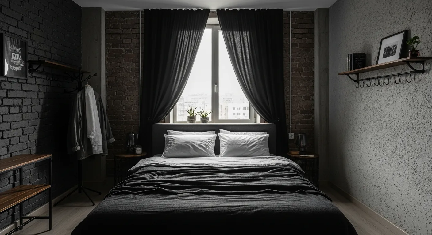 Step by step guide to recreating a moody black industrial bedroom with a steel metal bed frame and warm vintage lighting.
