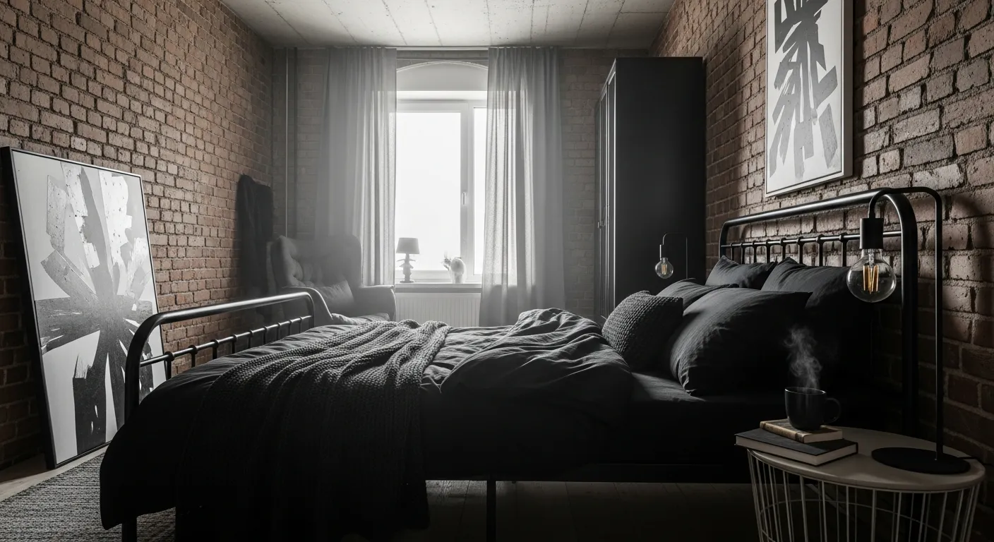 Master bedroom industrial design featuring dark painted exposed brick walls, metal lighting fixtures, and a cozy modern platform bed.