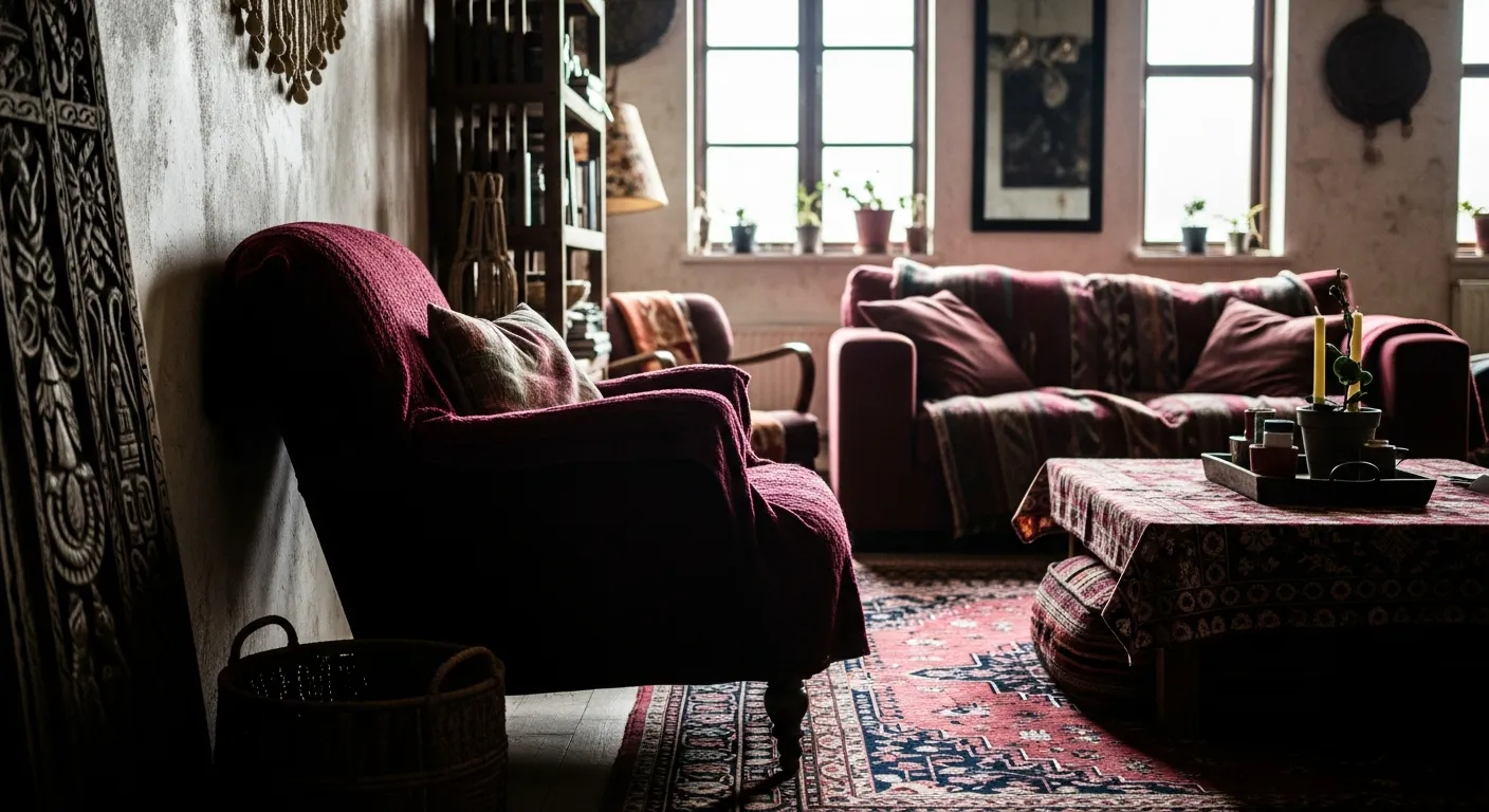 Ambient lighting highlighting rich earthy textures and burgundy living room accents