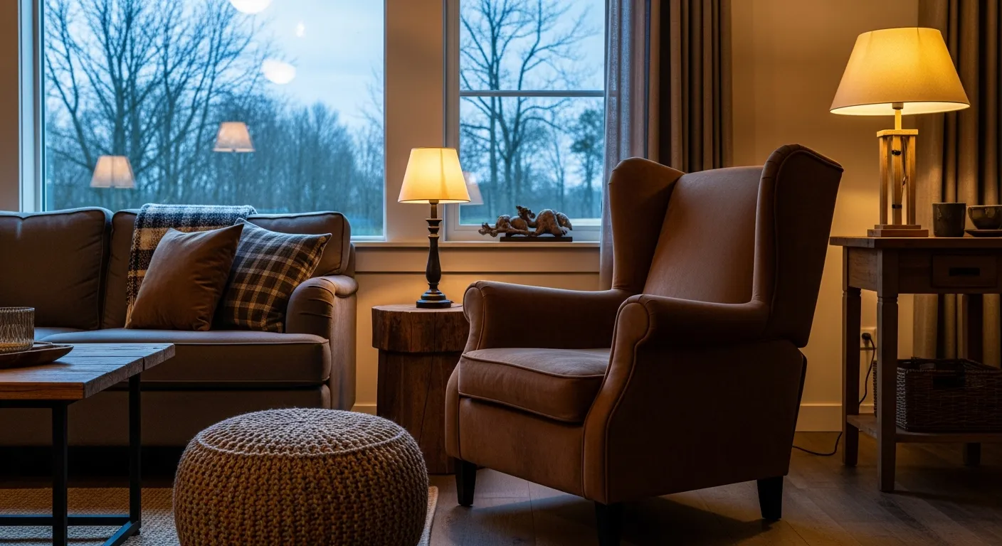 Step-by-step recreation of a warm rustic farmhouse living room with deep bronze touches.