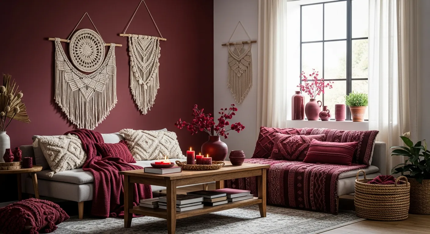 Warm burgundy, tan, and dark slate gray color palette in an eclectic boho living space
