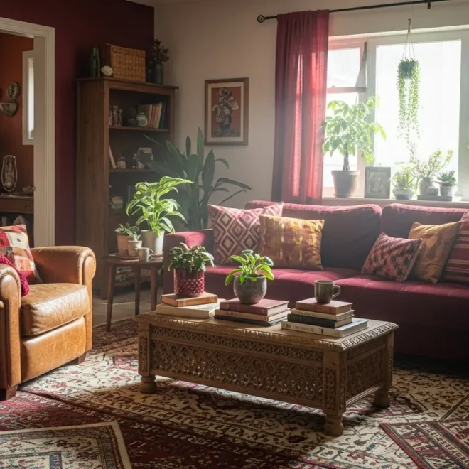Cozy bohemian living room featuring a rich burgundy sofa, patterned rugs, and lush houseplants.