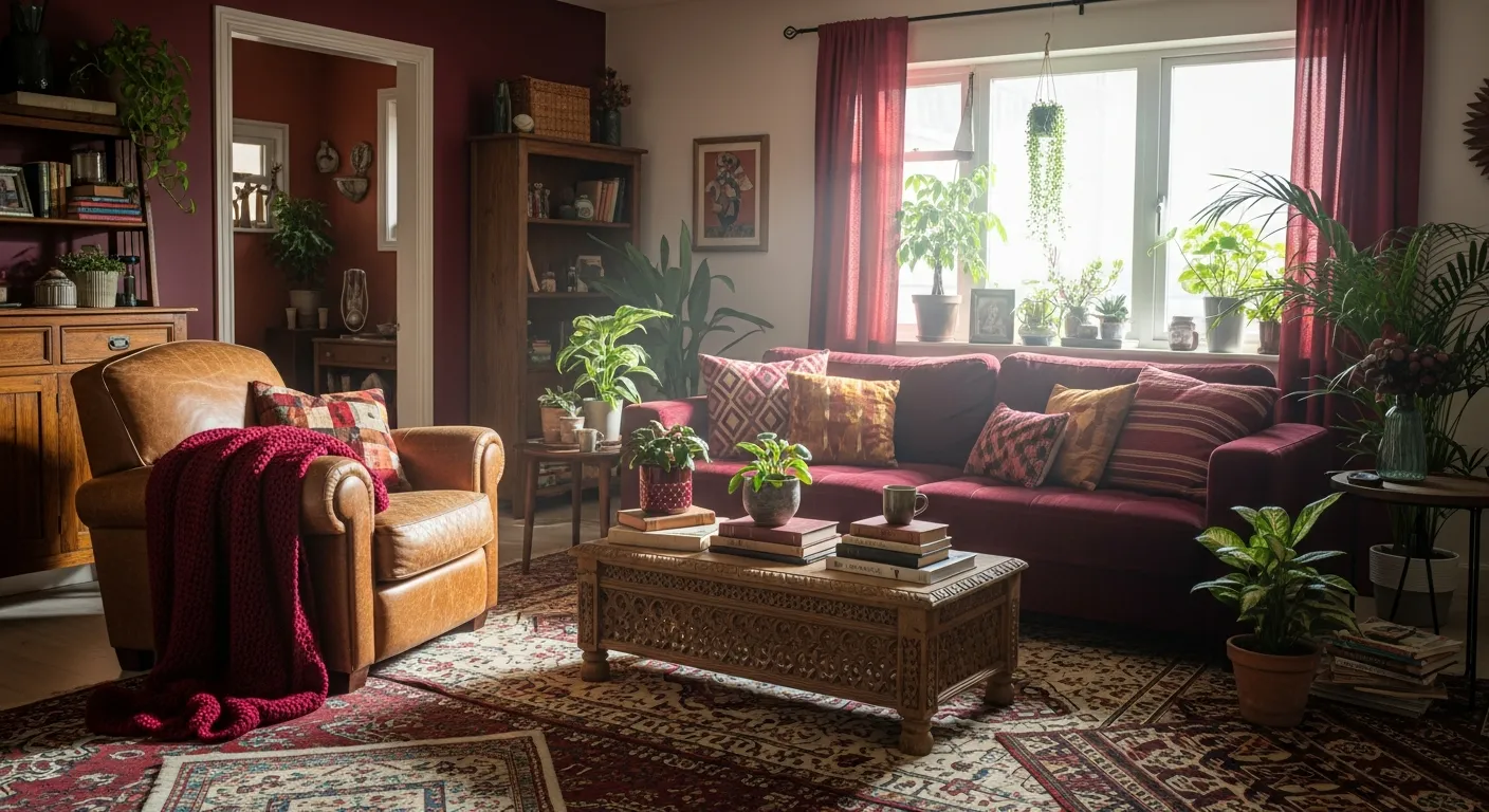 Burgundy sofa in a cozy boho living room demonstrating color psychology in interior design