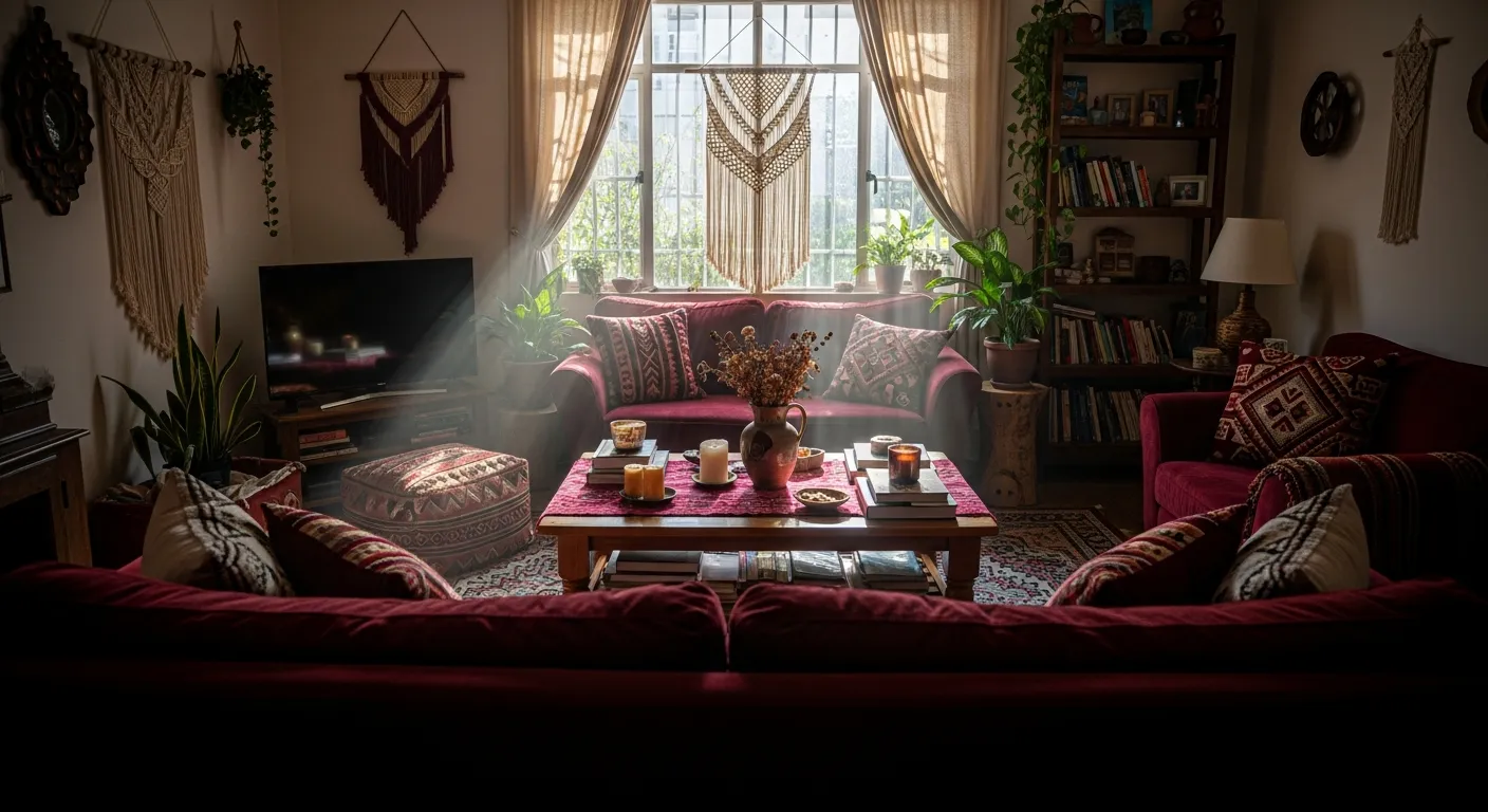Layered bohemian living room decor with natural rattan and rich burgundy cushions