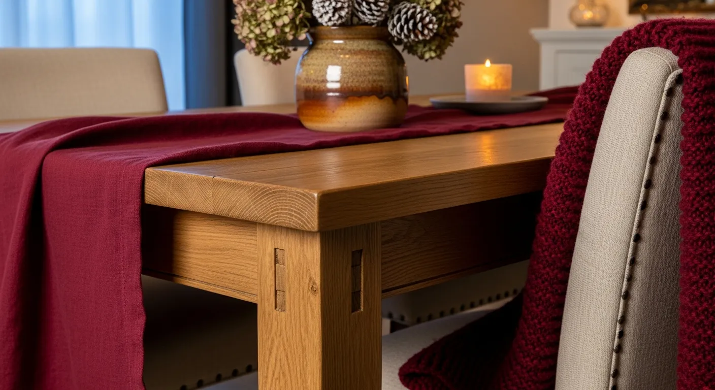Essential furniture for Farmhouse Dining Room showing a rustic table and burgundy upholstered chairs