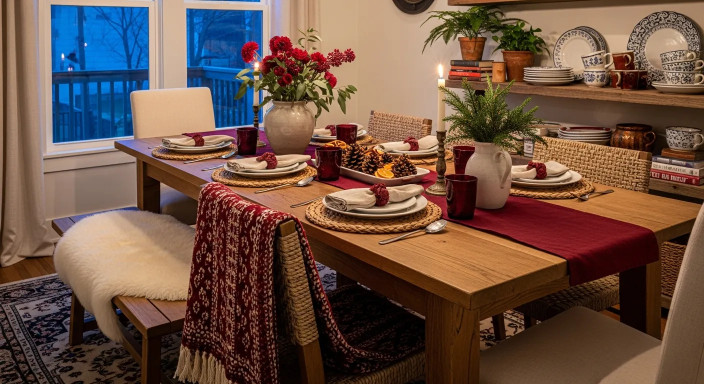 Styling tips for Farmhouse Dining Room with distressed wood and vintage lighting