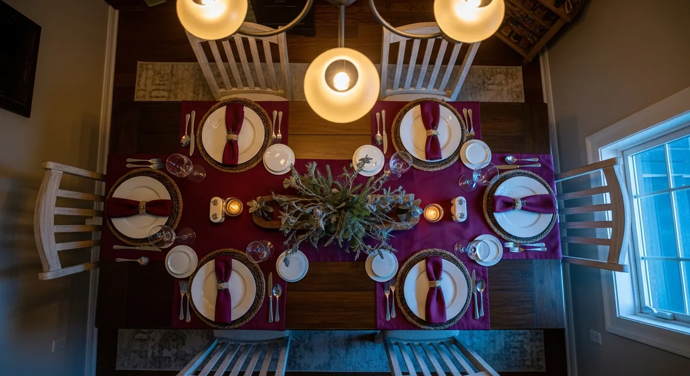 Cozy family Farmhouse Dining Room with beautiful burgundy styling details