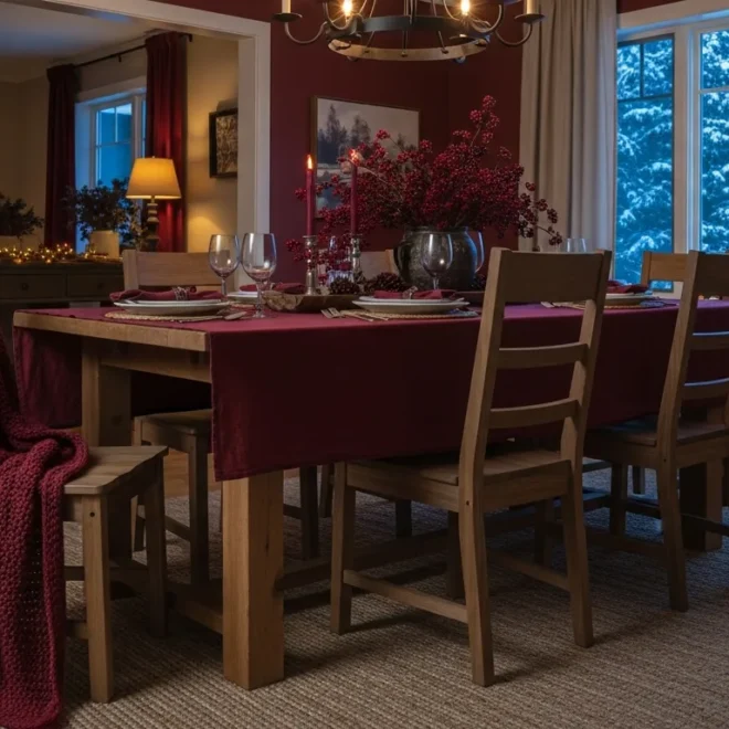 Cozy farmhouse dining room featuring rich burgundy accents and a rustic wooden table.