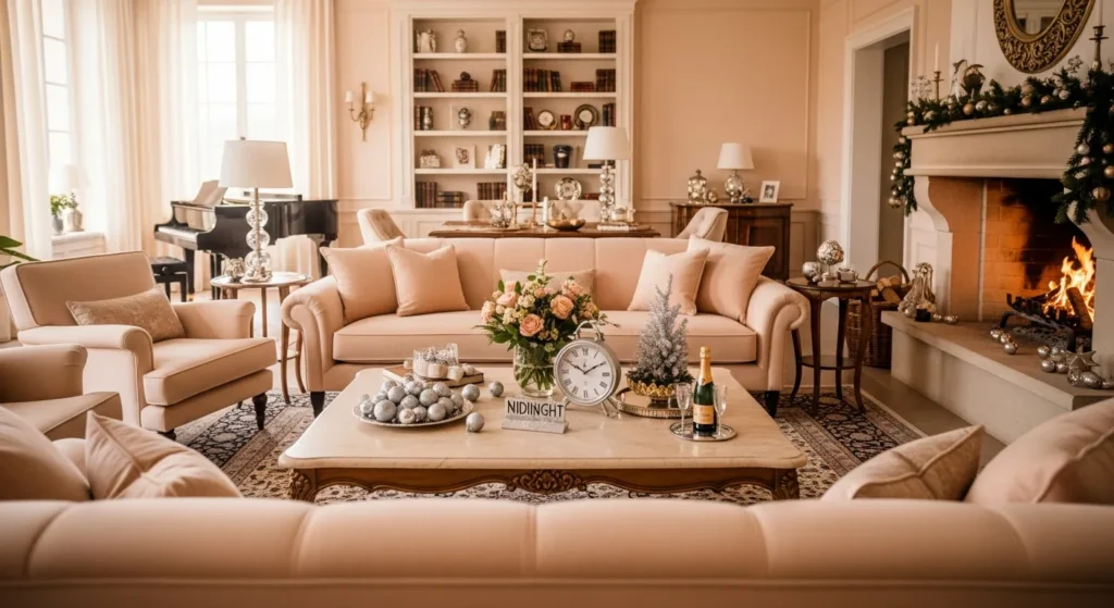 Classic luxury living room featuring creamy peach tones and elegant upscale furniture pieces.