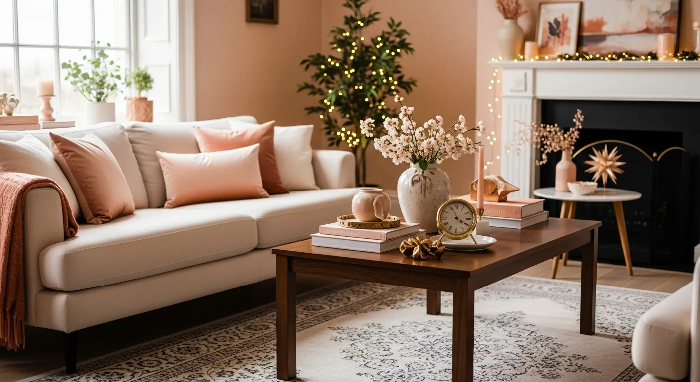 Creamy peach and gold color palette in a classic luxury living room