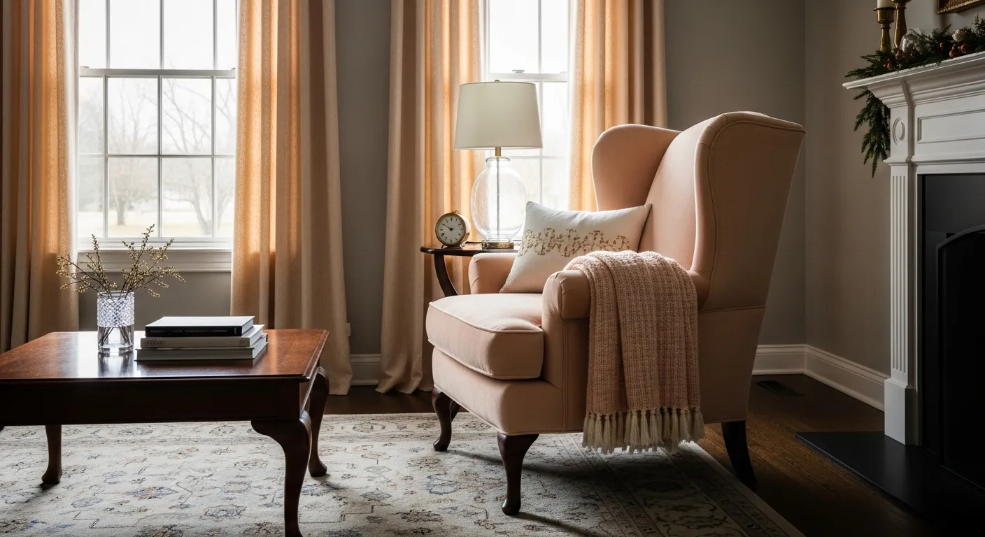 Classically elegant living space decorated with creamy peach tones