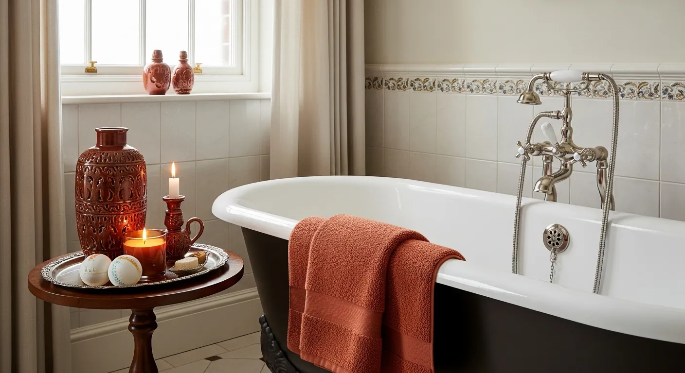 Warm rust color palette inspiration for Classic Luxury Bathroom ideas, highlighting elegant brass plumbing and soft vanity lighting.