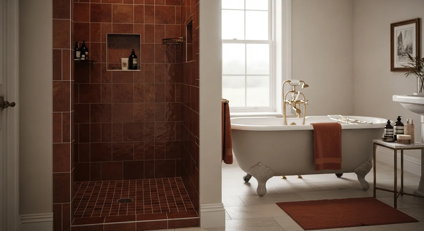 Atmospheric warm lighting over vintage fixtures in a rust-themed space, completing these Classic Luxury Bathroom ideas.