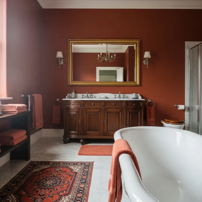 Classic luxury bathroom featuring elegant rust-colored walls, marble vanity, and vintage brass fixtures.