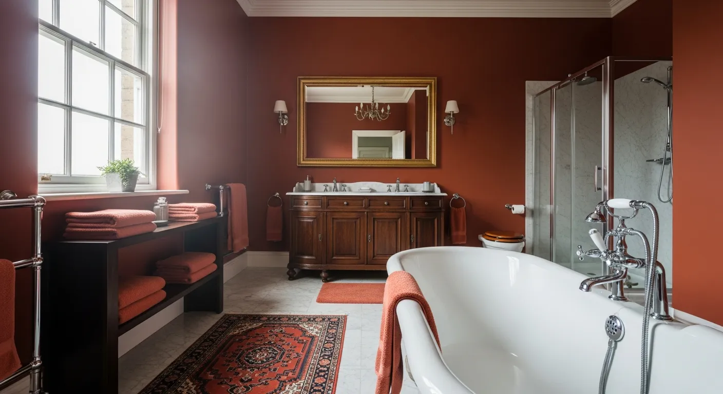 Classic Luxury Bathroom ideas featuring rich rust-colored walls, a timeless marble vanity, and elegant vintage brass fixtures.