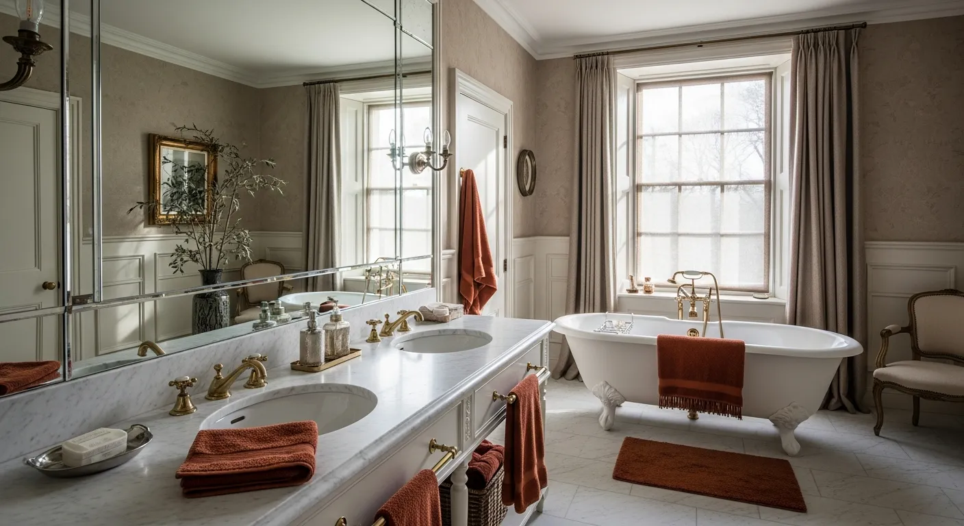 Timeless marble accents paired with rich rust tones, perfect for bringing modern Classic Luxury Bathroom ideas to life.