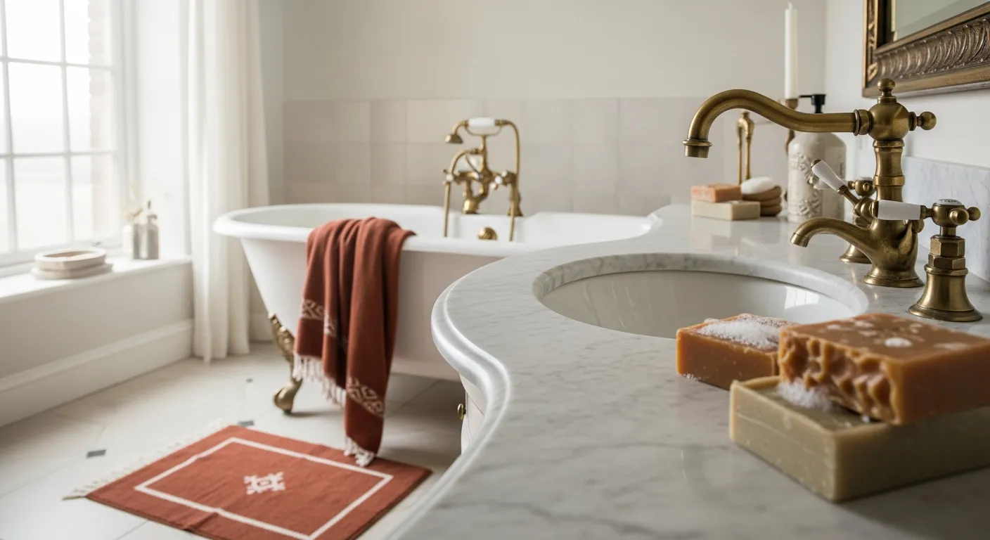 Classic Luxury Bathroom ideas emphasizing warmth with deep rust walls, elegant sconce lighting, and refined brass vanity fixtures.