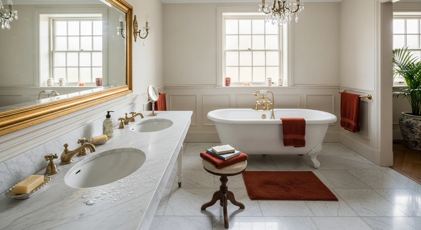 Elegant freestanding bathtub in a room with rich rust paint and brass fixtures, inspiring your Classic Luxury Bathroom ideas.