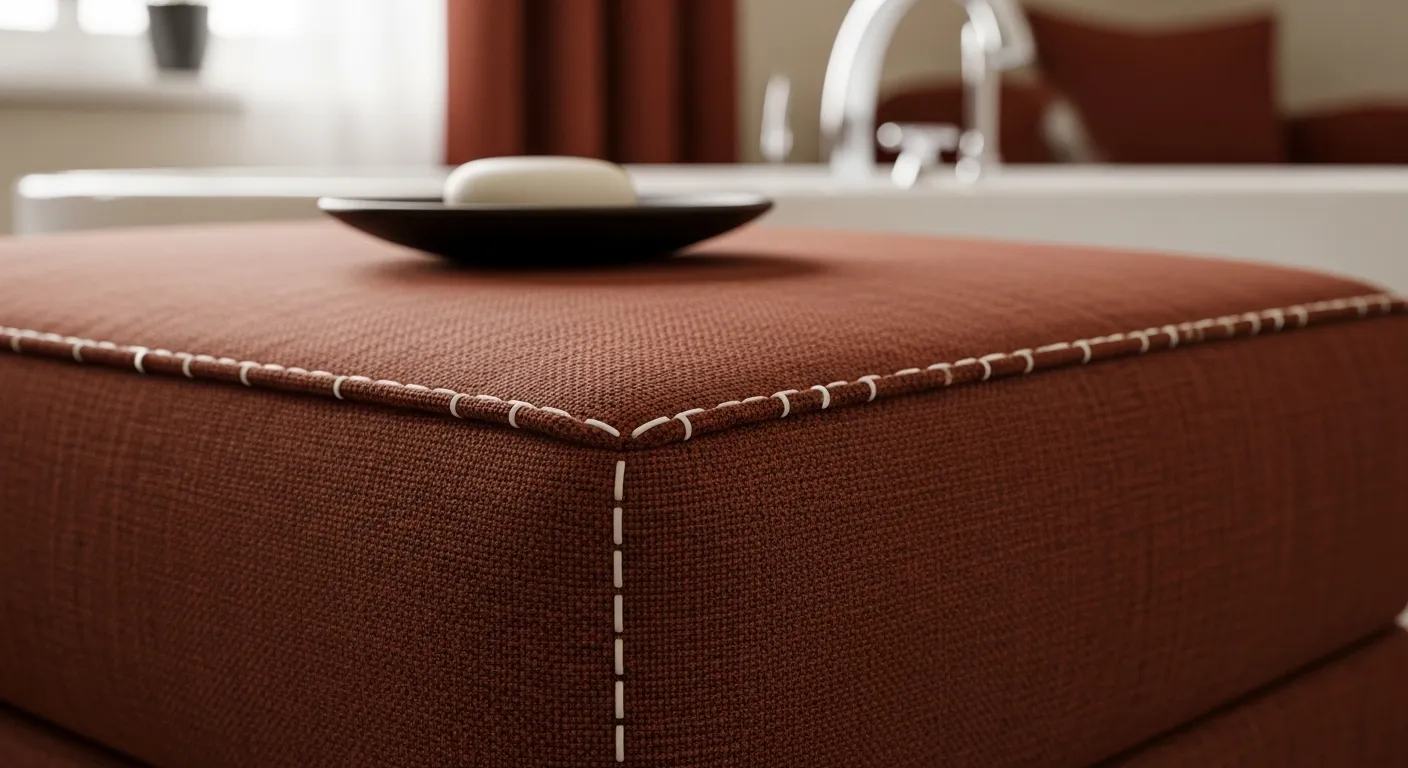 Essential furniture for Classic Luxury Bathroom ideas, showcasing a vintage wood vanity, deep rust tones, and polished brass fixtures.
