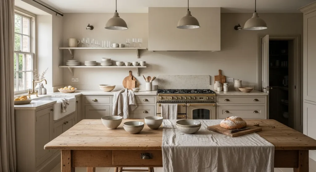 Warm beige farmhouse kitchen featuring rustic wood accents and vintage-inspired hardware.