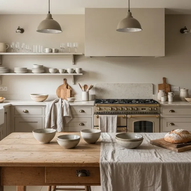 Warm beige farmhouse kitchen featuring rustic wood accents and vintage-inspired hardware.
