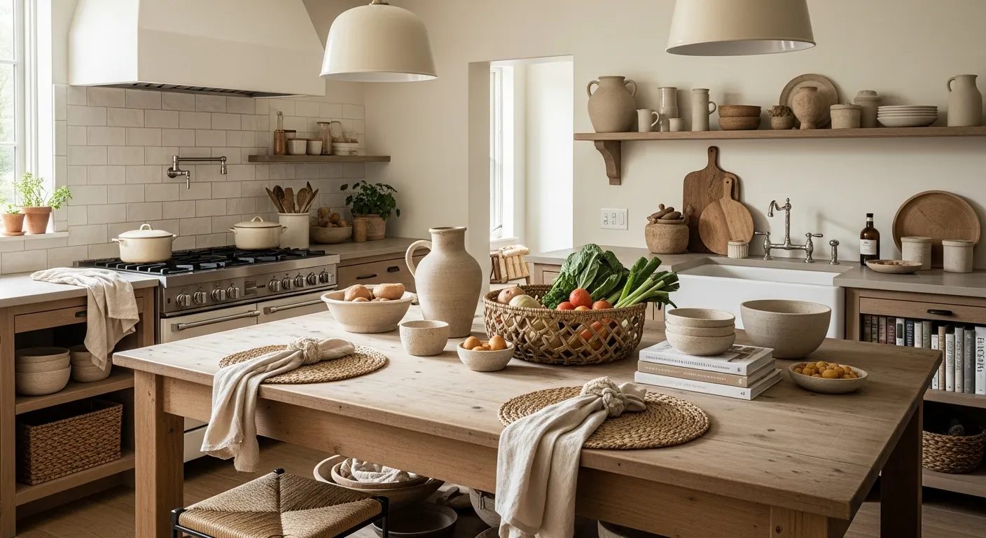 Cozy beige farmhouse kitchen color palette with natural wood textures and rustic styling