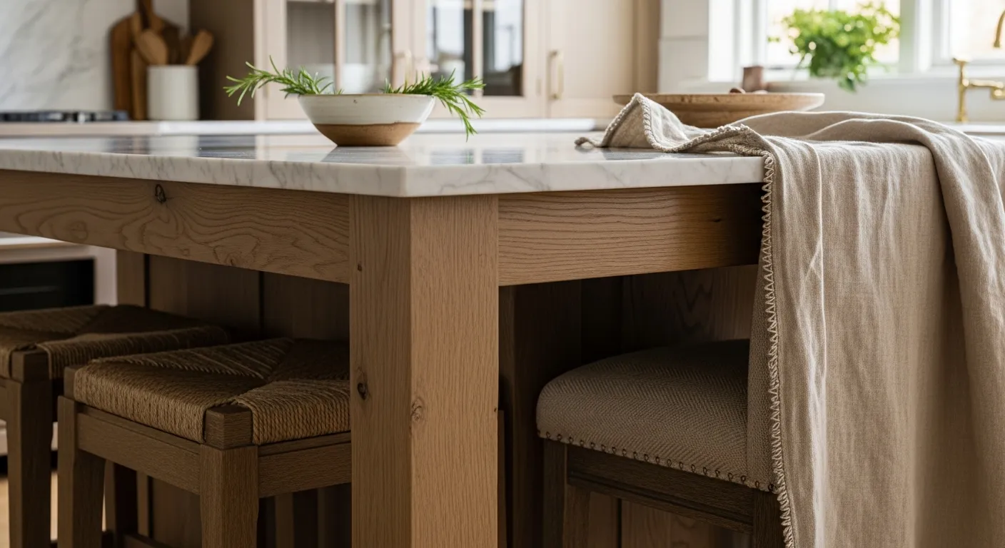 Everyday beige farmhouse kitchen decor with natural wood accents and rustic shelving