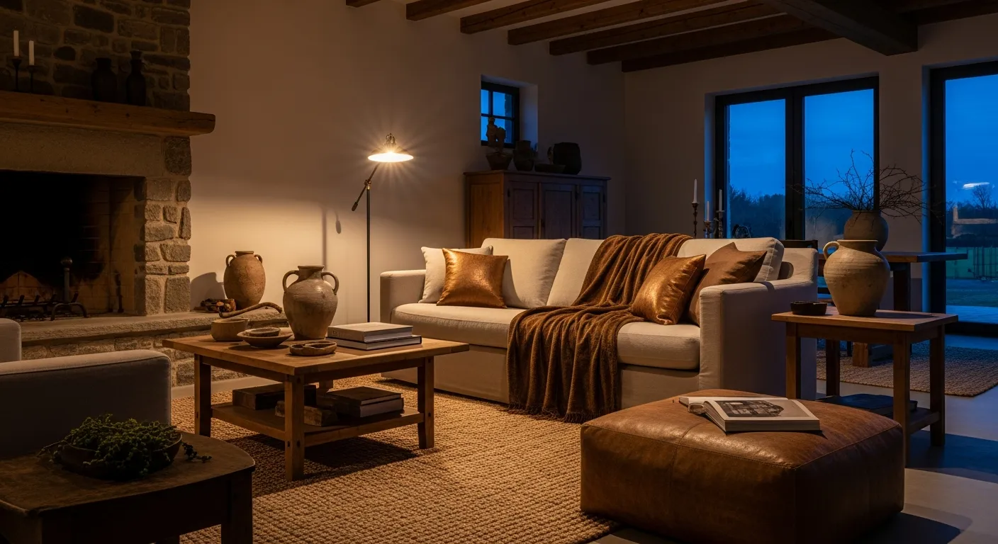 Layered neutral textiles and bronze decor in a beautifully styled farmhouse family room.