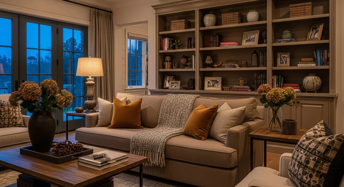 Grounded elegant farmhouse gathering space with rich bronze fixtures and natural linen upholstery.