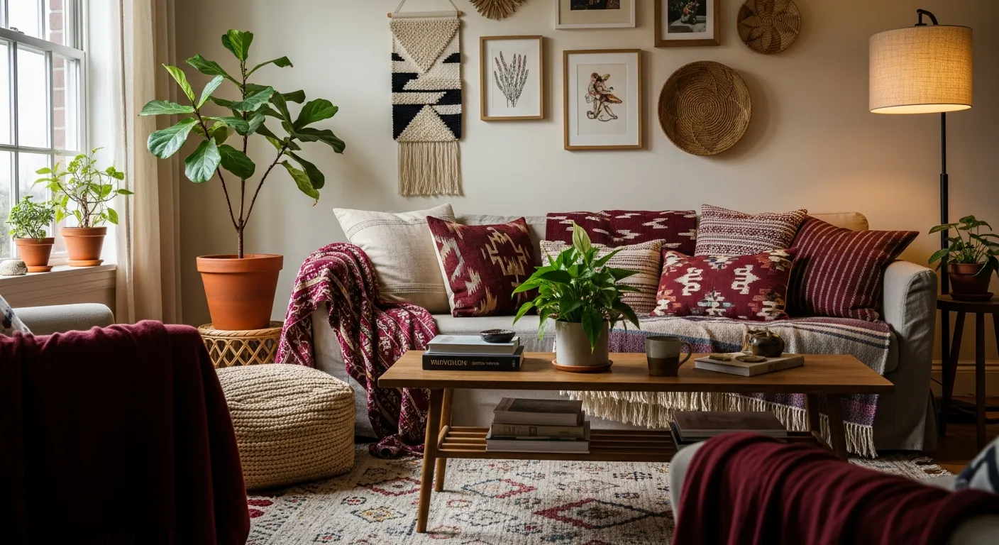 Affordable styling tips showing rattan furniture and burgundy textiles in a boho lounge