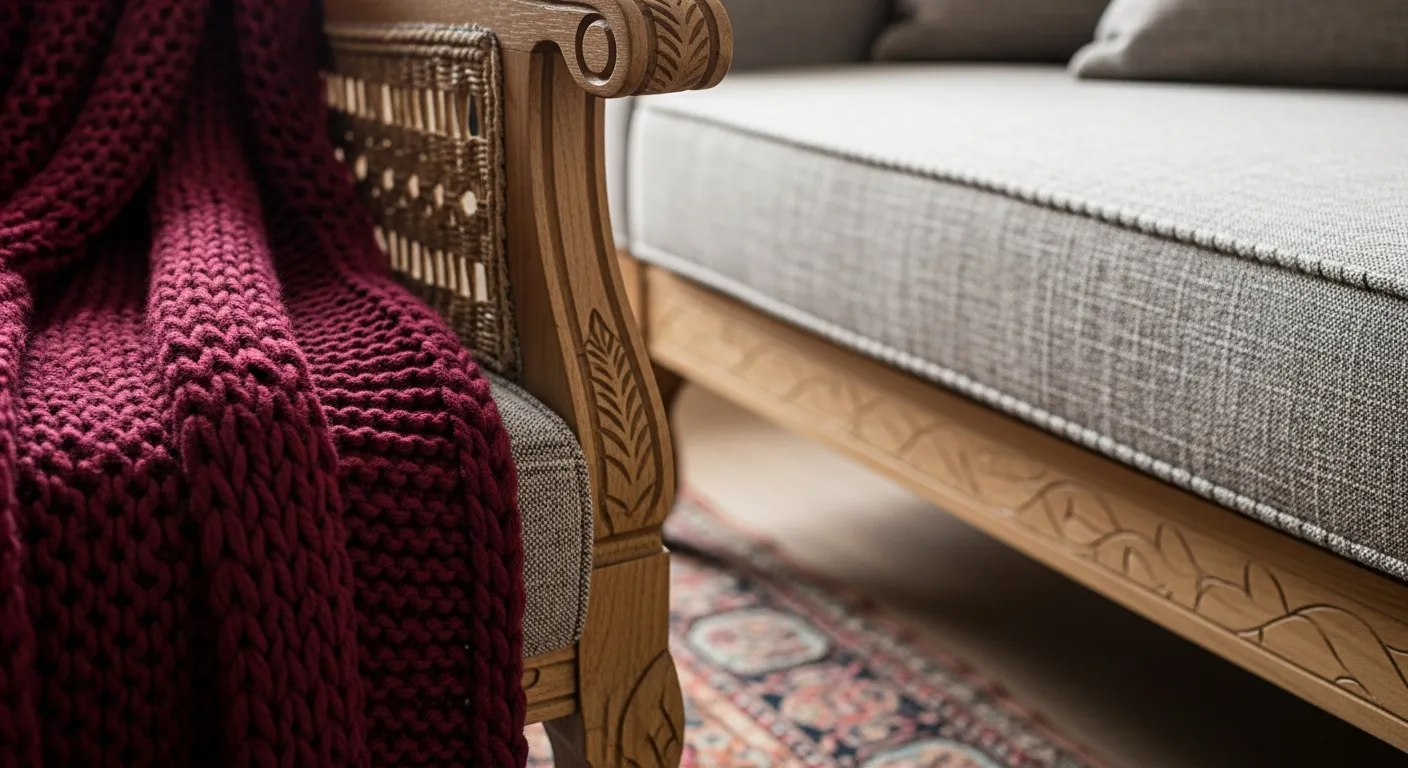 Essential low profile furniture and layered rugs in a bohemian living room setting