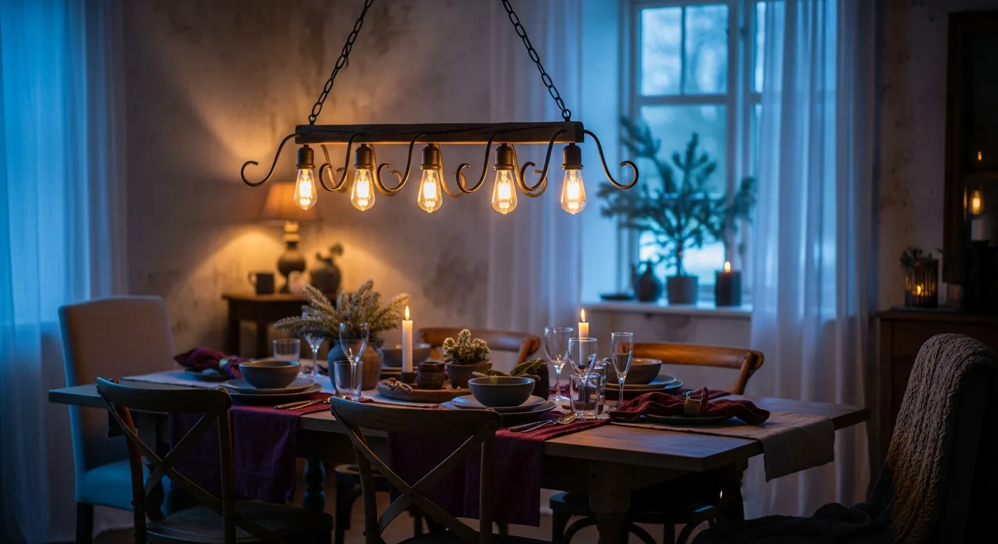 Elegant rustic Farmhouse Dining Room pairing wood furniture with deep burgundy chairs