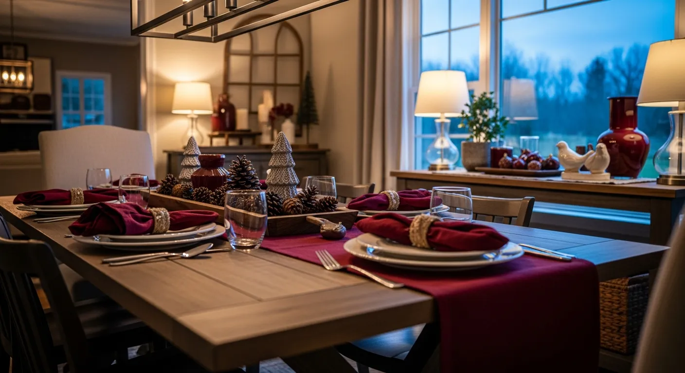 Warm color palette for Farmhouse Dining Room showcasing deep burgundy and rustic wood