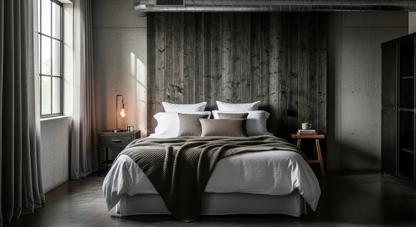 Cozy truffle bedding balancing edgy industrial metal bedroom decor elements