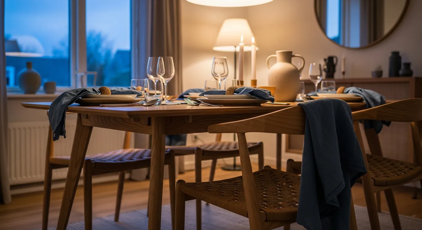 Recreating a dusty blue Scandi dining room with minimalist chairs and warm wooden textures