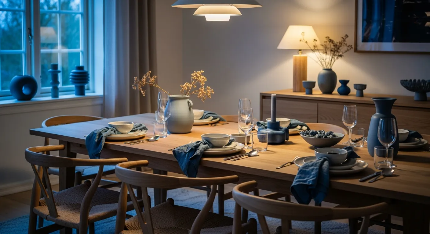 Dusty blue walls complementing natural wood tones in a bright Scandinavian dining room palette
