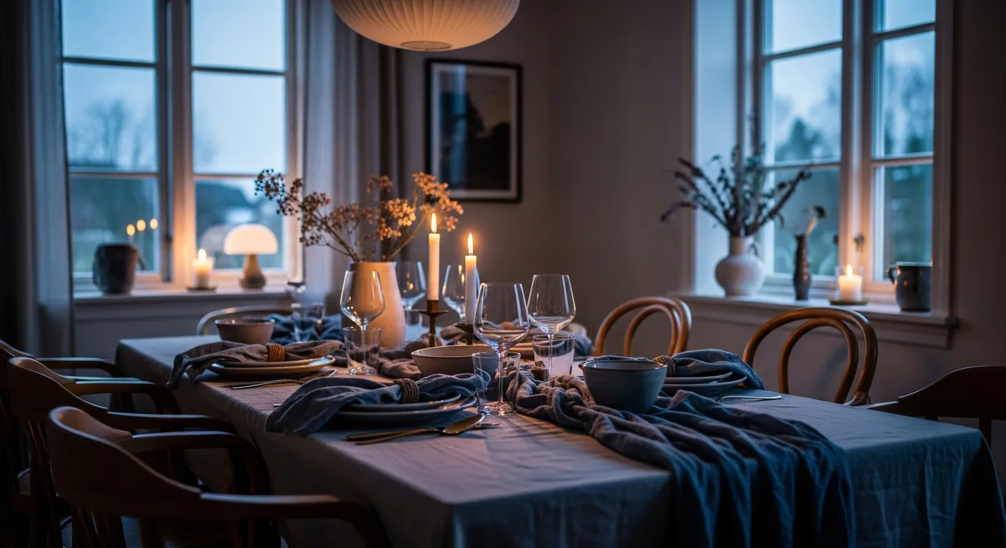 Light oak table contrasting with soothing dusty blue walls in a Nordic dining space