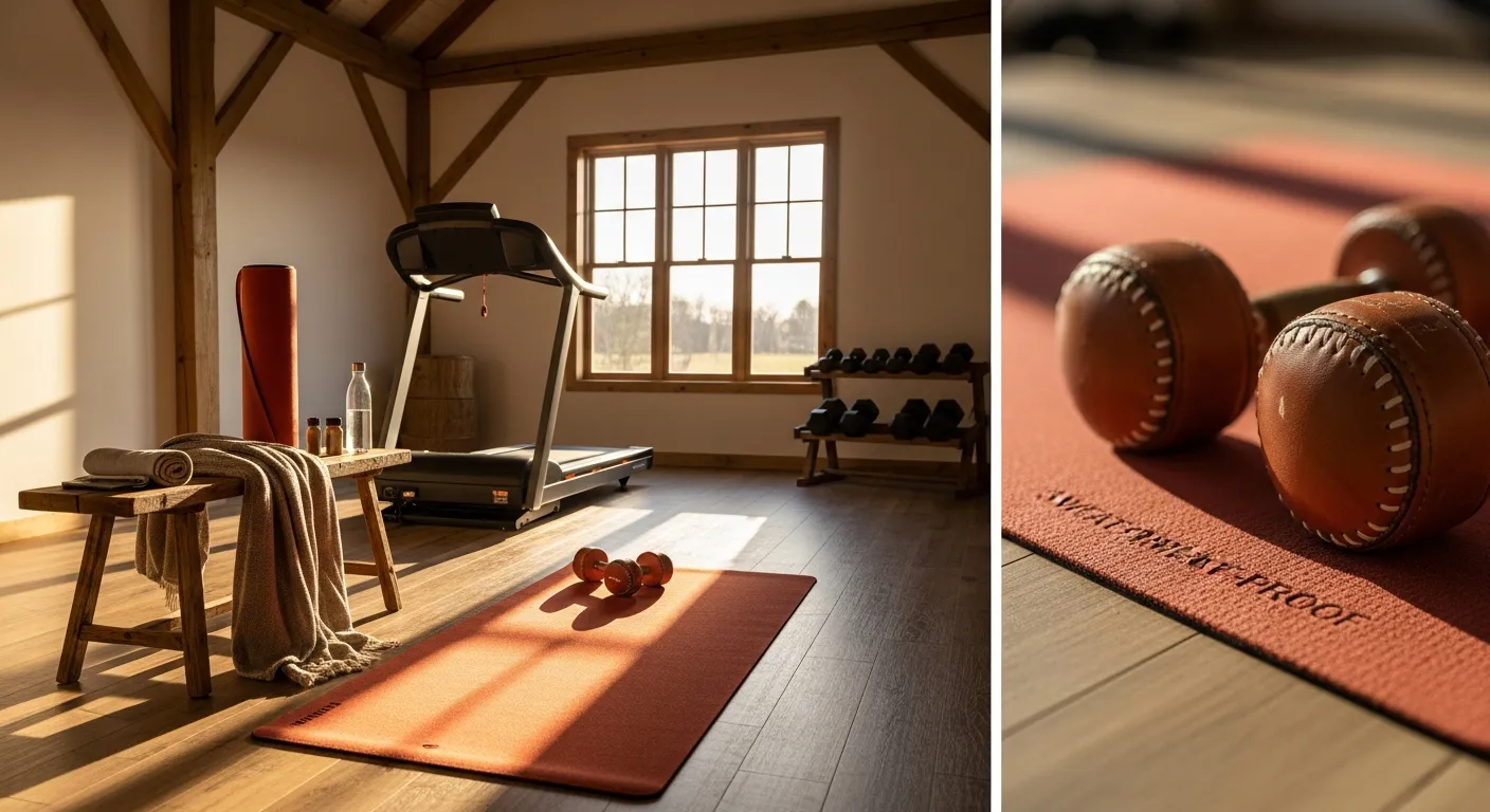 Budget breakdown for farmhouse home gym featuring warm rust painted walls and rustic equipment