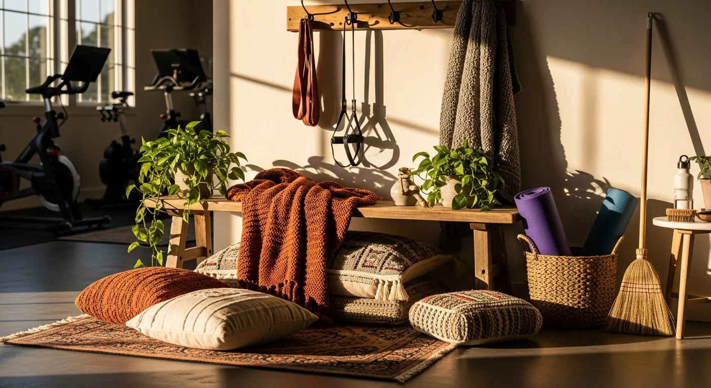 Styling tips and Farmhouse Home Gym ideas with warm rust accents and organized workout equipment