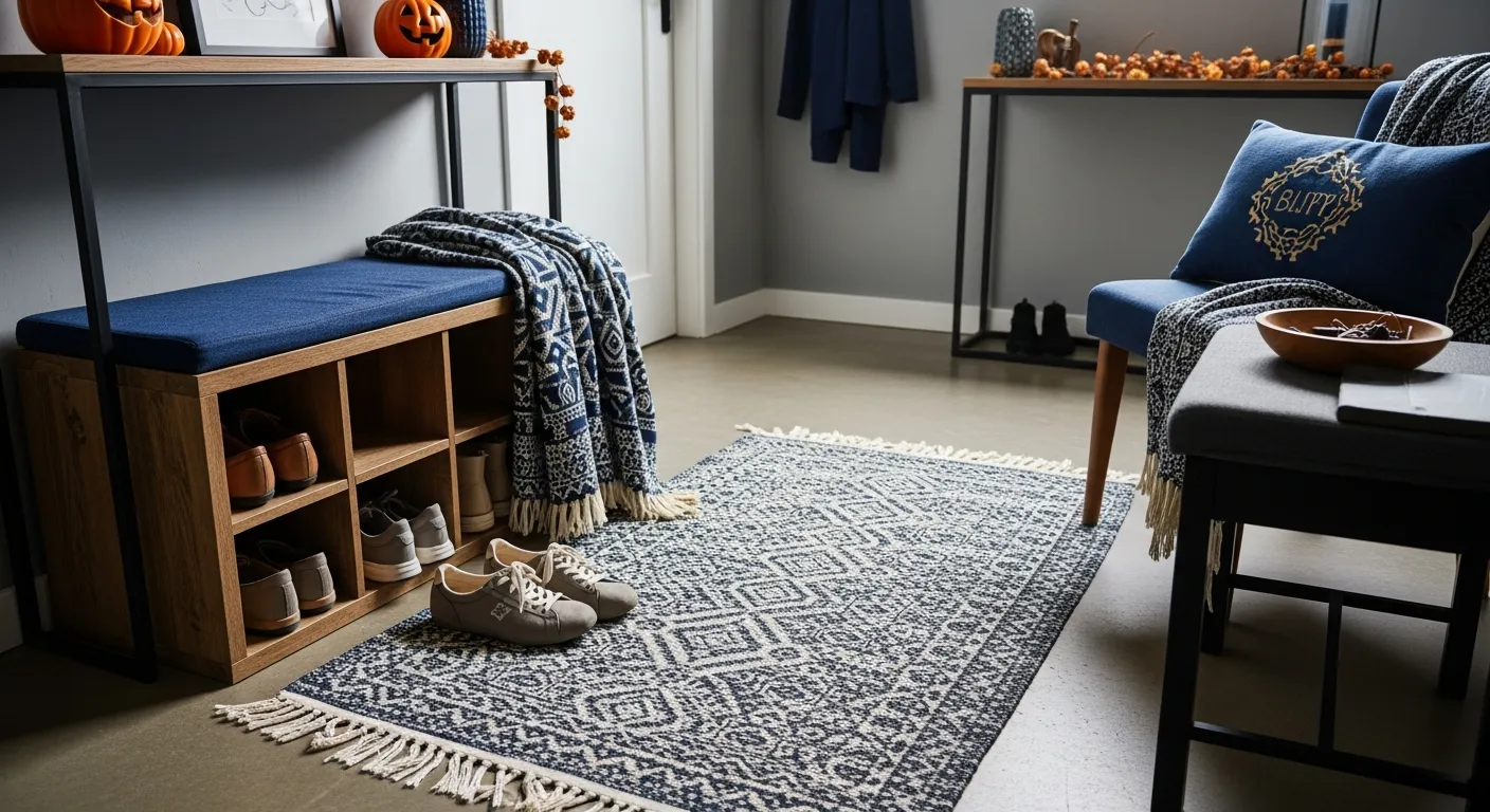 Final reveal of a bold navy industrial entryway with seasonal decor touches