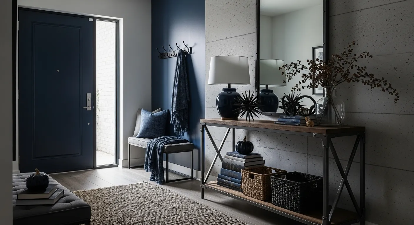Navy blue paired with warm wood tones in an industrial entryway