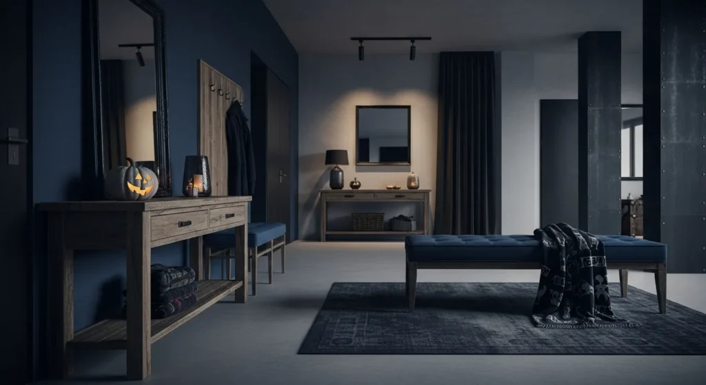 Industrial entryway featuring navy blue walls, dark metal accents, and rustic wood flooring.