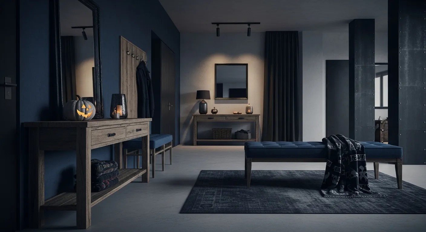 Navy blue walls creating a moody atmosphere for industrial entryway ideas