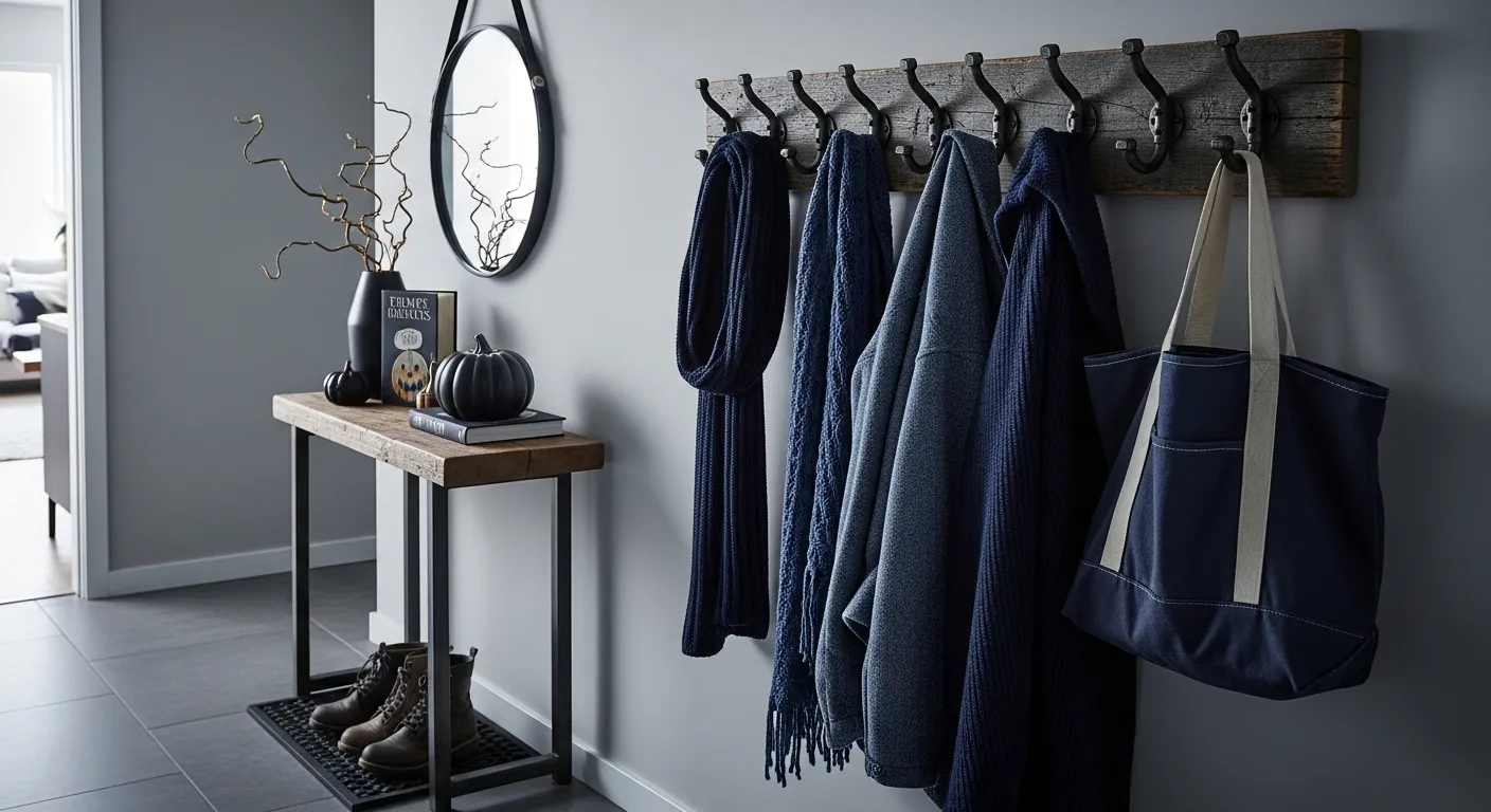 Dark navy walls contrasting with rugged metal fixtures