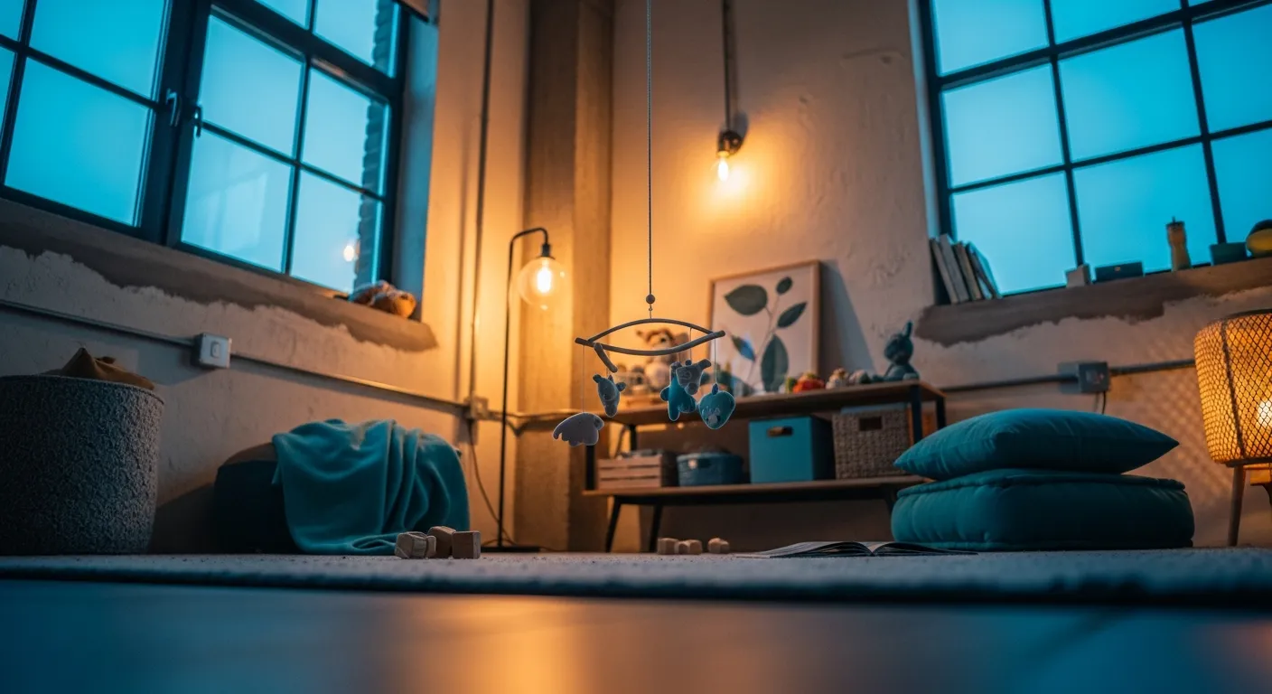 Bold teal accent wall styled with raw metal finishes and exposed piping for a trendy kids bedroom