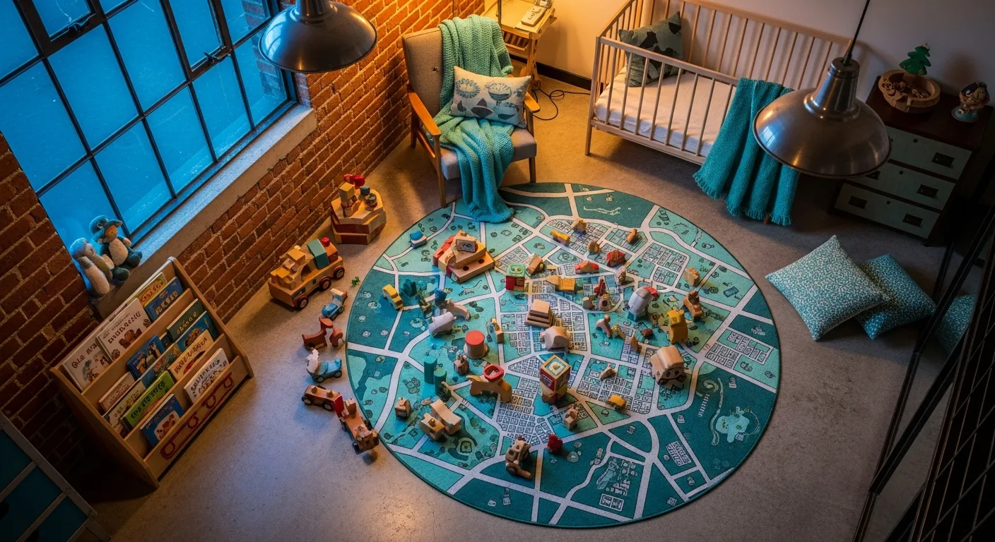 Reclaimed wood textures and a vintage metal crib softly contrasted by rich teal paint in a child's bedroom