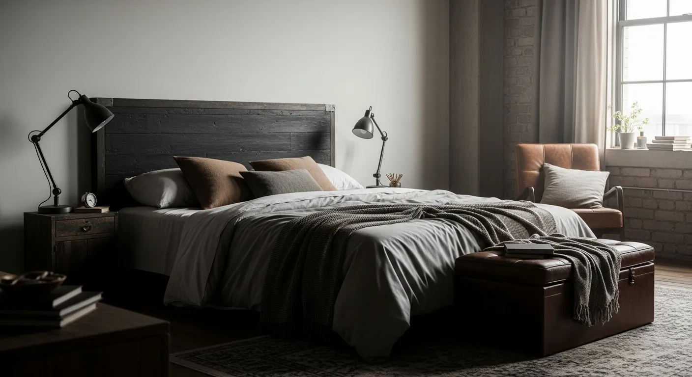 Raw brick wall and metal bed frame in a modern industrial bedroom sanctuary