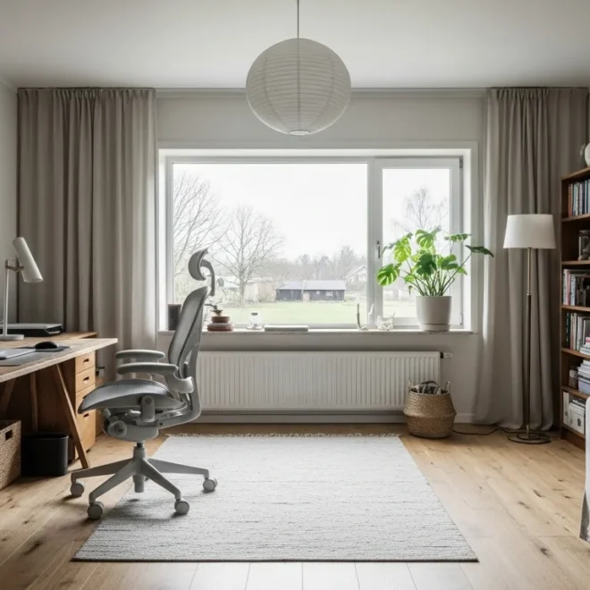 Minimalist Japandi home office featuring a light wood desk and serenity off-white walls